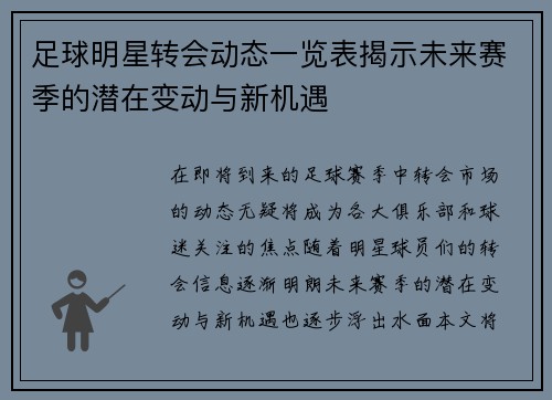 足球明星转会动态一览表揭示未来赛季的潜在变动与新机遇