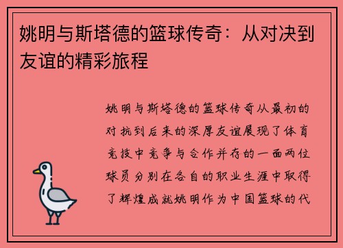 姚明与斯塔德的篮球传奇：从对决到友谊的精彩旅程